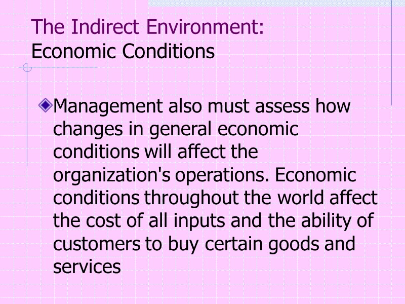 The Indirect Environment: Economic Conditions   Management also must assess how changes in